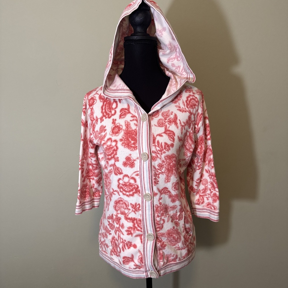 Eddie Bauer Stretch Soft Hooded Cardigan Floral Print Cotton Blend Womens Size S